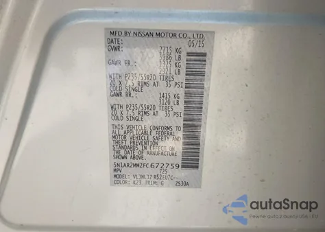 2015 Nissan Pathfinder Platinum z USA, uszkodzony, nr VIN 5N1AR2MM2FC672759